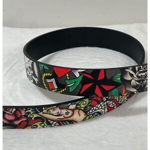 Ed‎ Hardy Belt Mens 36 Reversible Black Multi Tattoo Print Bonded Leather Buckle